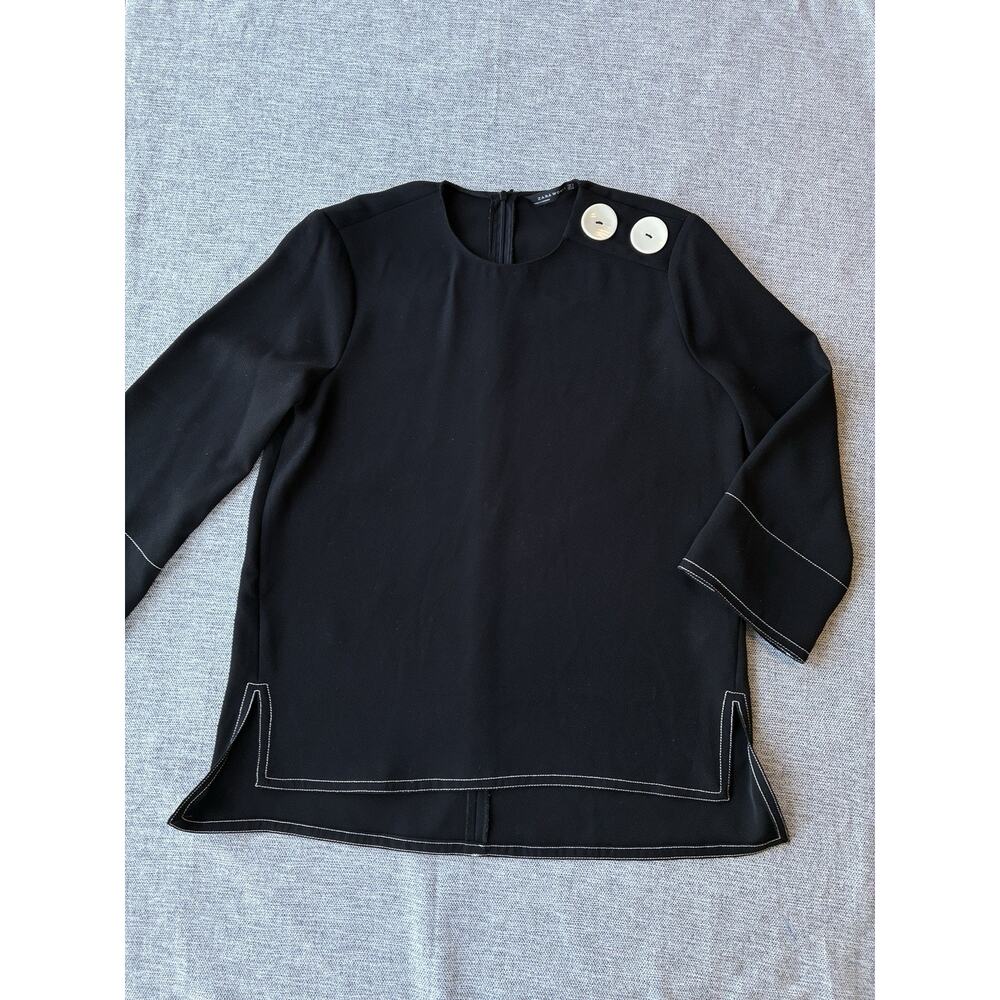 ZARA Woman's Small Black Top Two Ivory Button Accent 3/4 Sleeve & Back Zipper